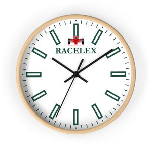 May include: A white round clock with black hands and a green and white design. The clock face features a red race car and the text "RACELEX".