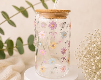 Floral Glass with Lid & Straw, Personalised Gifts, Hot and Cold