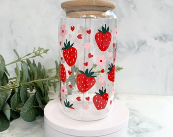 Strawberry Heart Glass with Lid & Glass Straw, Personalised Gifts