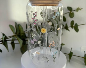 Wild Flower Glass with lid and glass straw, Personalised Gifts