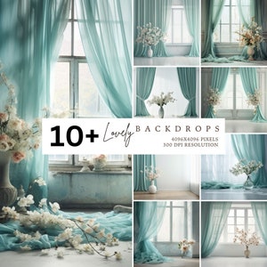 Curtains backdrop, Floral backdrop, Aqua Teal, Photography Backdrop, Photo Backdrop, Studio Backdrop, Photo Background, Digital backdrop