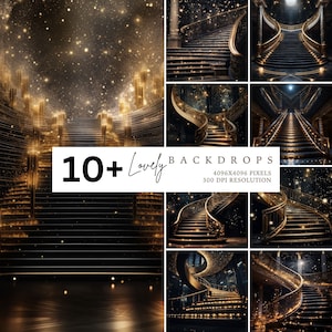 Stairs backdrop, Staircase, Bokeh, Black gold, Photography Backdrop, Photo Backdrop, Studio Backdrop, Photo Background, Digital backdrop