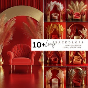 Red Gold Chair Backdrop, Curtains backdrop, Luxury backdrop, Elegant, Photography, Photo Backdrop, Studio Backdrop, Digital Background