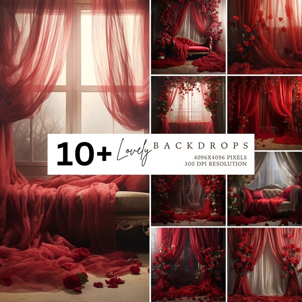 Curtains backdrop, Red Roses backdrop, Romantic, Photography Backdrop, Photo Backdrop, Studio Backdrop, Photo Background, Digital backdrop