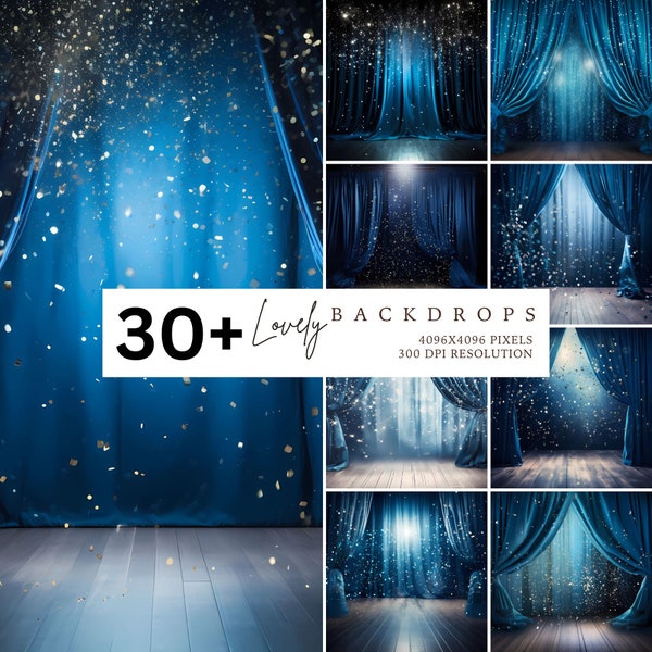 Blue Curtains Backdrop, Sparkle, Photography Backdrop, Photo Backdrop, Studio Backdrop, Photo Background, Photo Prop, Stock Images