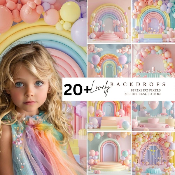 Rainbow backdrop, Balloons backdrop, Pastel, Photography Backdrop, Photo Backdrop, Studio Backdrop, Photo Background, Digital backdrop