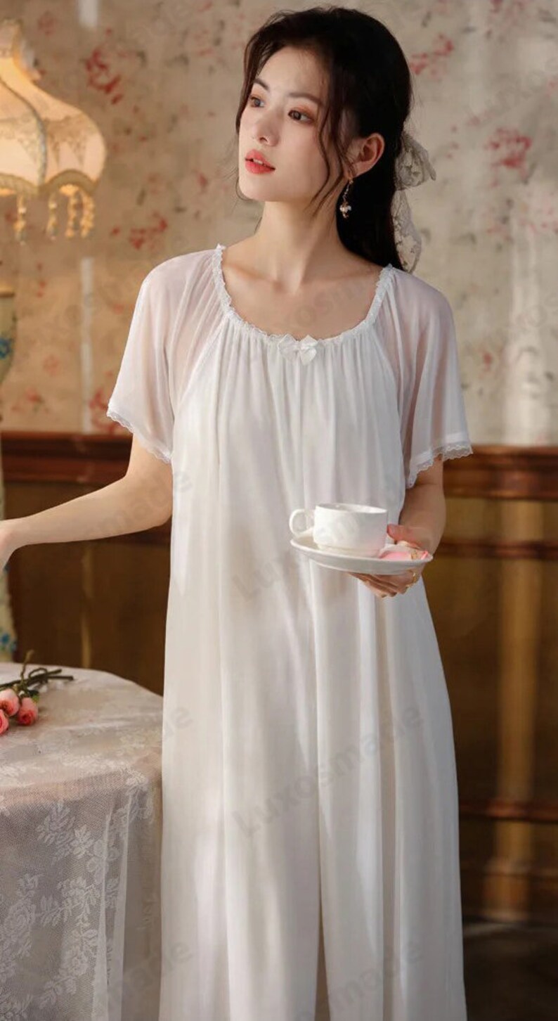 Victorian Nightgowns Long Vintage Night Dress Women Summer White Mesh Short Sleeve Peignoir