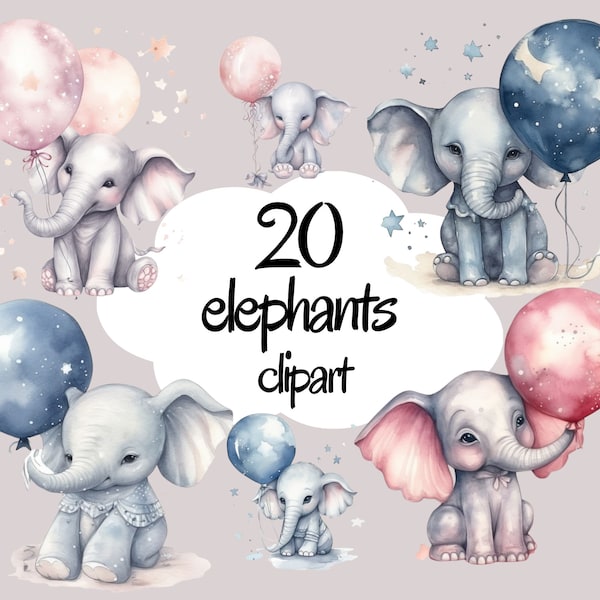 20 Wtercolor elephant Clipart, elephant PNG, Jungle Animal Clipart, Safari Clipart, Cute Animals, Baby Shower Clipart