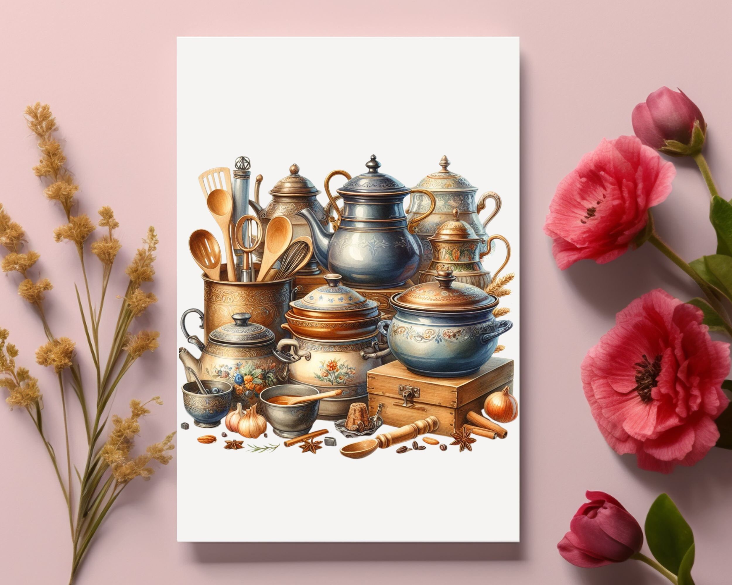 Watercolor Rustic Kitchen Clipart, Rustic Cooking Clipart Bundle