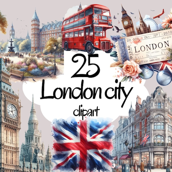 London Clipart - scrapbooking PNG, watercolor London illustration sketch city bus London taxi tower sight-seen bridge telephone