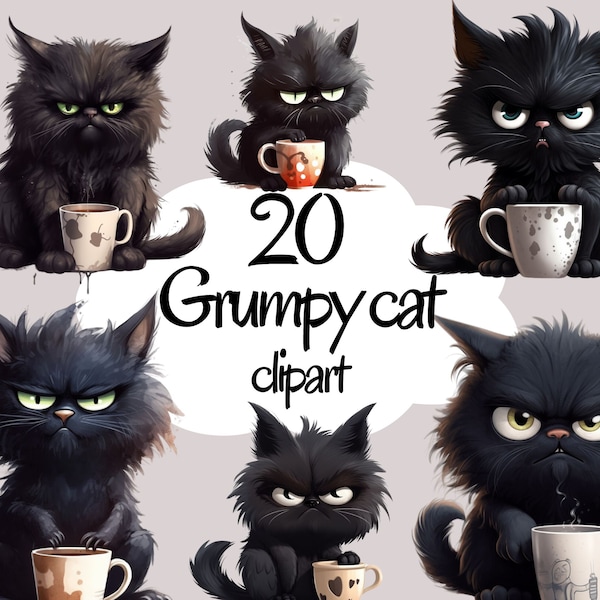 Grumpy Black Cat Clipart, High Quality Coffee cat, Transparent PNG, Instant Download, - Morning Mood Pets, Funny Cats art printables