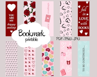 10 Printable Valentine's Day Bookmarks, Sublimation Bookmark Set, Book Lovers Gift and Valentine's Day Gift, Valentine's Day Gift
