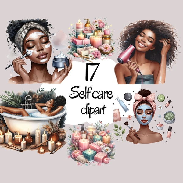Self Care Clipart, black woman, make up clipart, watercolor girl Therapy, spa time clipart, planner girl clipart, healthy foog