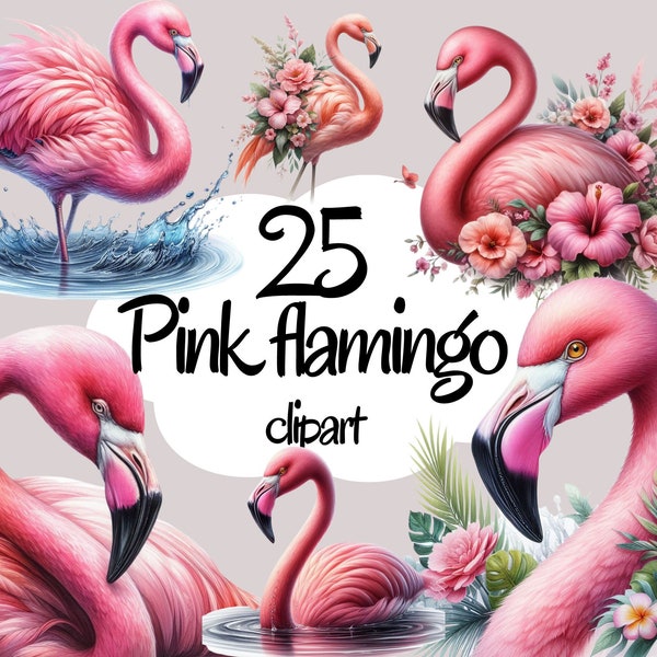 Flamingos Watercolor pink Clipart Bundle - PNG Flamingo Images, Floral Birds Graphics, Instant Digital Download, Commercial Use