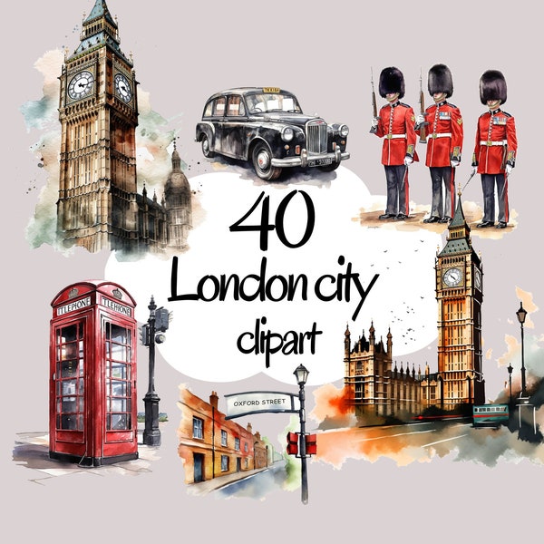 40 London Clipart - scrapbooking PNG, aquarelle Londres illustration croquis bus de ville Londres taxi tour vue pont téléphone