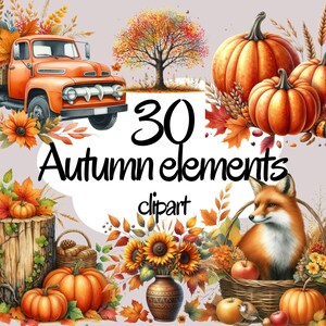 Autumn Elements Clipart Watercolor Autumn Clipart, Cute Pumpkin Clipart ...
