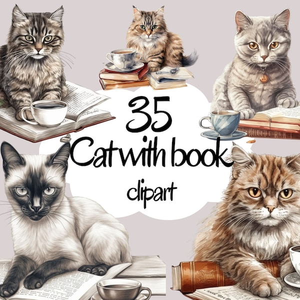 Watercolor Cat vintage Clipart, cat with book, Cat Lovers, Illustrations Instant Download, vintage book