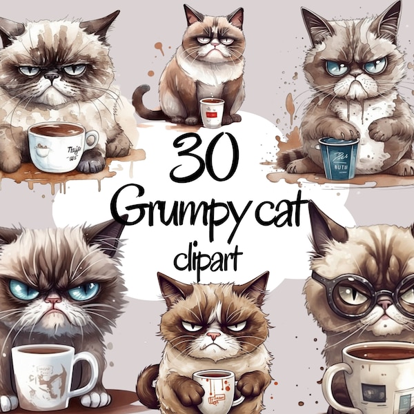 Grumpy Cat Clipart, High Quality Coffee cat, Transparent PNG, Instant Download, - Morning Mood Pets, Funny Cats art printables