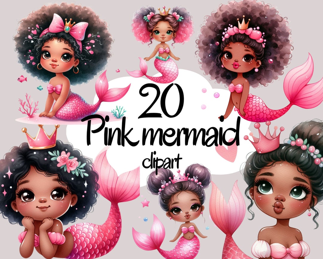 Mermaid Clipart Bundle, Watercolor Pink Cute Afro Mermaid Clipart Png ...