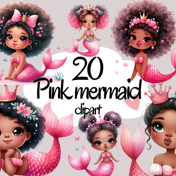 Mermaid Clipart Bundle, Watercolor pink Cute afro Mermaid Clipart png, Cute Sea Animals PNG