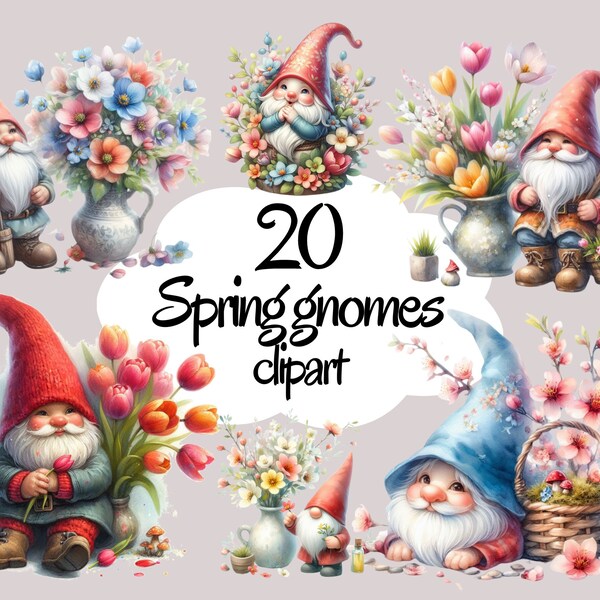 Watercolor Spring gnomes Clipart, Spring Garden Illustrations, Painted Garden Clipart, PNG Graphics, Instant Download for Commercial Use