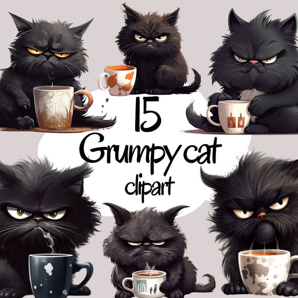 Grumpy Black Cat Clipart, High Quality Coffee cat, Transparent PNG, Instant Download, - Morning Mood Pets, Funny Cats art printables
