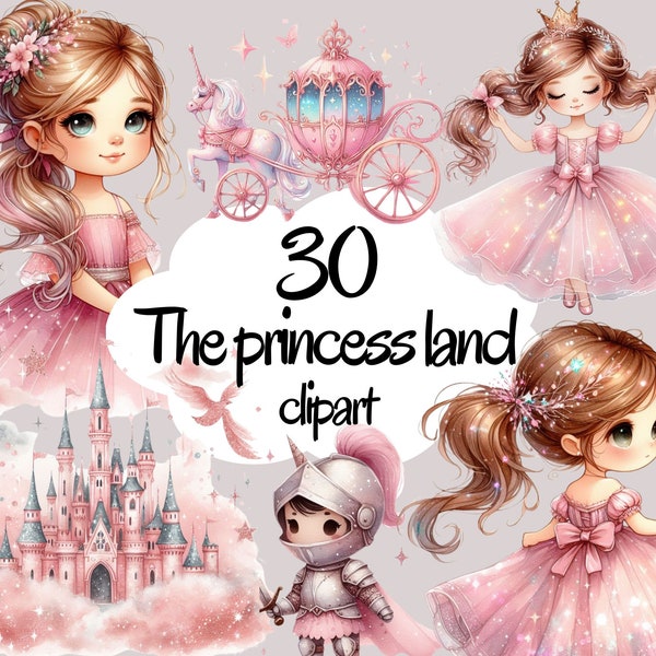 Watercolor Pink Princess Clipart, Little Princess Clipart, Fairytale Clipart, Princess and Castle PNG, Watercolor clipart