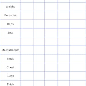 May include: A printable workout schedule with a grid layout. The title "Workout Schedule" is at the top. The grid includes columns for Monday, Wednesday, and Friday, with rows for weight, exercise, reps, sets, and measurements. The text "Instant Download" is at the bottom.
