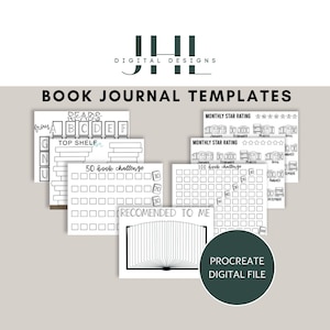May include: A set of black and white printable book journal templates for Procreate. The templates include a book challenge tracker, a monthly star rating tracker, and a "reads" tracker with a top shelf section.