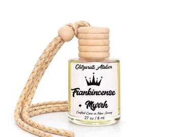 Frankincense + Myrrh Hanging Car Diffuser – Earthy Oud & Resin Incense | 8ml Glass Freshener by Glitzarati Atelier