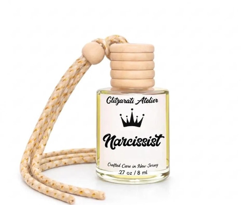 Narcissist | Luxe Hanging Car Diffuser | Raspberry, Peach, Patchouli & Sandalwood | Refillable Glass Freshener image 1