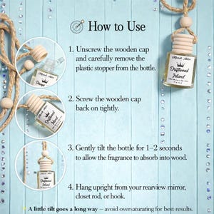 Instructions on how to use a wooden bottle with a label on a blue wooden background
