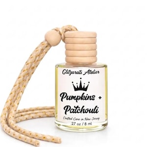 Pumpkins And Patchouli | Luxe Hanging Car Diffuser | Pumpkin, Patchouli & Cinnamon Woods | Refillable Glass Freshener