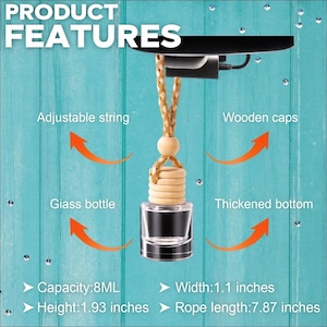 Product features of a glass bottle with wooden caps on a blue wooden background