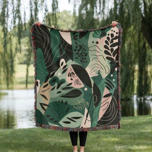 Coral & Green Color Matisse Woven Throw Blanket for Couch, Inspired Leaves Tapestry - Home Decor, Sofa Accent