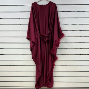 Satin Belted Dress with Feathers One Size 6-18 Wine