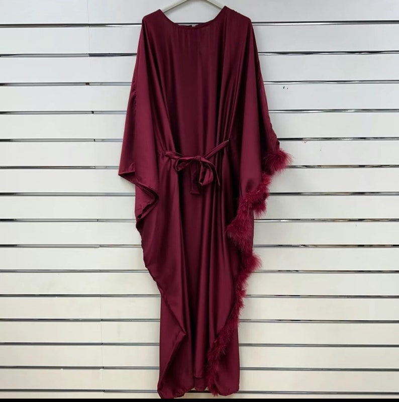 Satin Belted Dress with Feathers One Size 6-18 Wine
