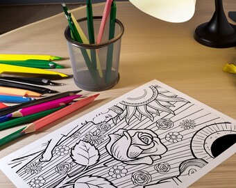 Dibujos para colorear Dibujo "Rosas caprichosas: Persona de doble cara con encanto floral" - Descarga digital, Actividad curativa que calma la mente