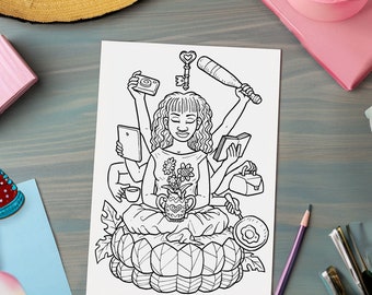 Página para colorear del Día de la Madre: Meditación moderna para mamás multitarea con símbolos icónicos