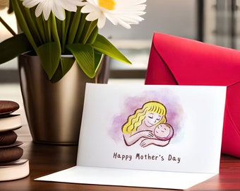 Ilustración de madre y su bebé en acuarela, archivo JPG / Mamá y yo / Dibujo del Día de la Madre / Imagen de tarjeta de felicitación