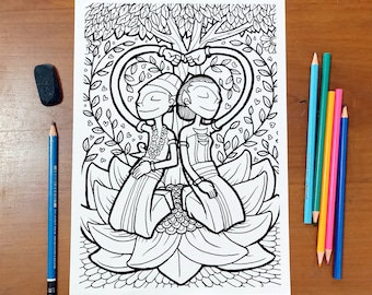 Dibujo para colorear para adultos: Novio y novia con traje tradicional javanés. Arte de dibujos animados.
