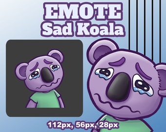Pegatina de koala triste, gestos de Twitch azules, chats en línea de Discord, emojis de expresión de dibujos animados, icono de estilo anime de mascota animal