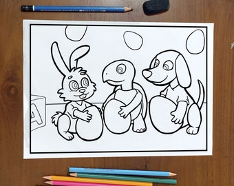 Hojas para colorear con temática de Pascua y Navidad. Actividad creativa de Pascua. Regalo: lindos animales con huevos para niños. Ilumine con conejito, tortuga y perro.