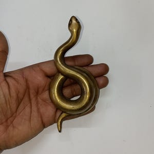 May include: A brass snake figurine with a coiled body and raised head. The sculpture has a smooth, polished finish and is a golden-brown colour. The snake is held in a hand against a white background.