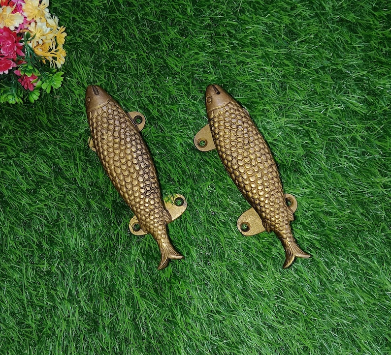 River Fish Log Cabin Door Pull Set Brass Trout Fish Shape Door Handle
