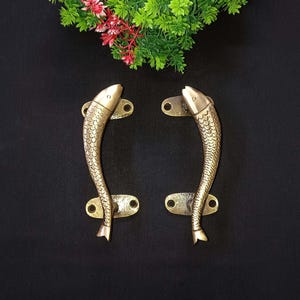 May include: Two brass-colored door handles shaped like fish. The handles have a textured scale pattern and are mounted on rectangular plates with screw holes. The background is black, and there is greenery with red and green accents in the top corner.