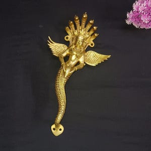Brass Mermaid Door Handle: Snake Kanya with Crown - 13"