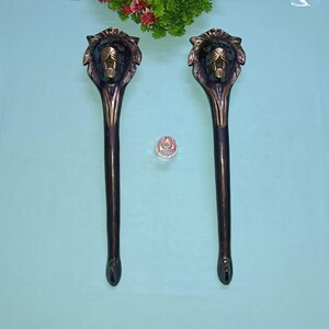May include: Two dark bronze-colored door handles with lion head designs. The handles are long and slender, with a detailed lion's face at the top. A small, iridescent decorative object is between the handles. The background is a light blue.