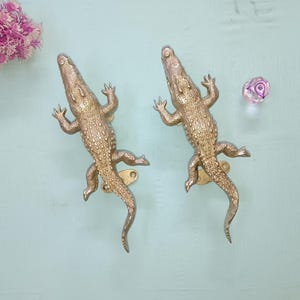 Peut inclure: Deux poignées de placard dorées en forme d'alligator avec des écailles détaillées et des pieds griffus. Les poignées sont montées sur du matériel de couleur laiton. Un petit bouton clair à facettes et des fleurs roses sont également dans l'image.