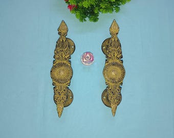 Brass Flower Engraved Door Handle - Set of 2